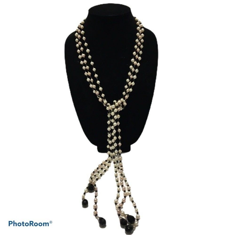 Lariat necklace set (3) white/pink faux pearl